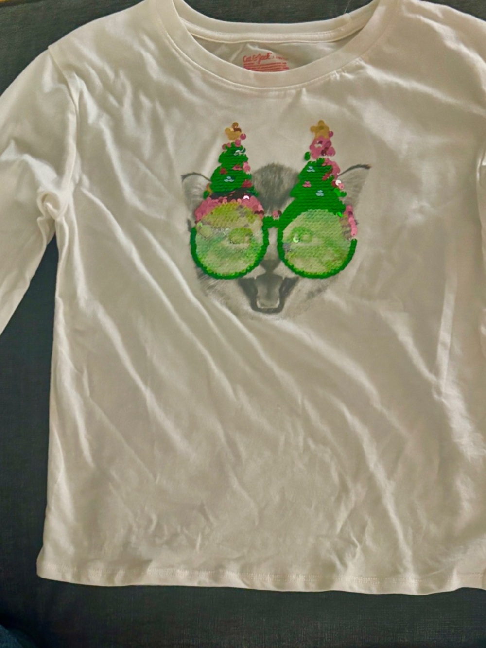 Cat & Jack White Long Sleeve Tee with Green and Pink Sequin Glasses